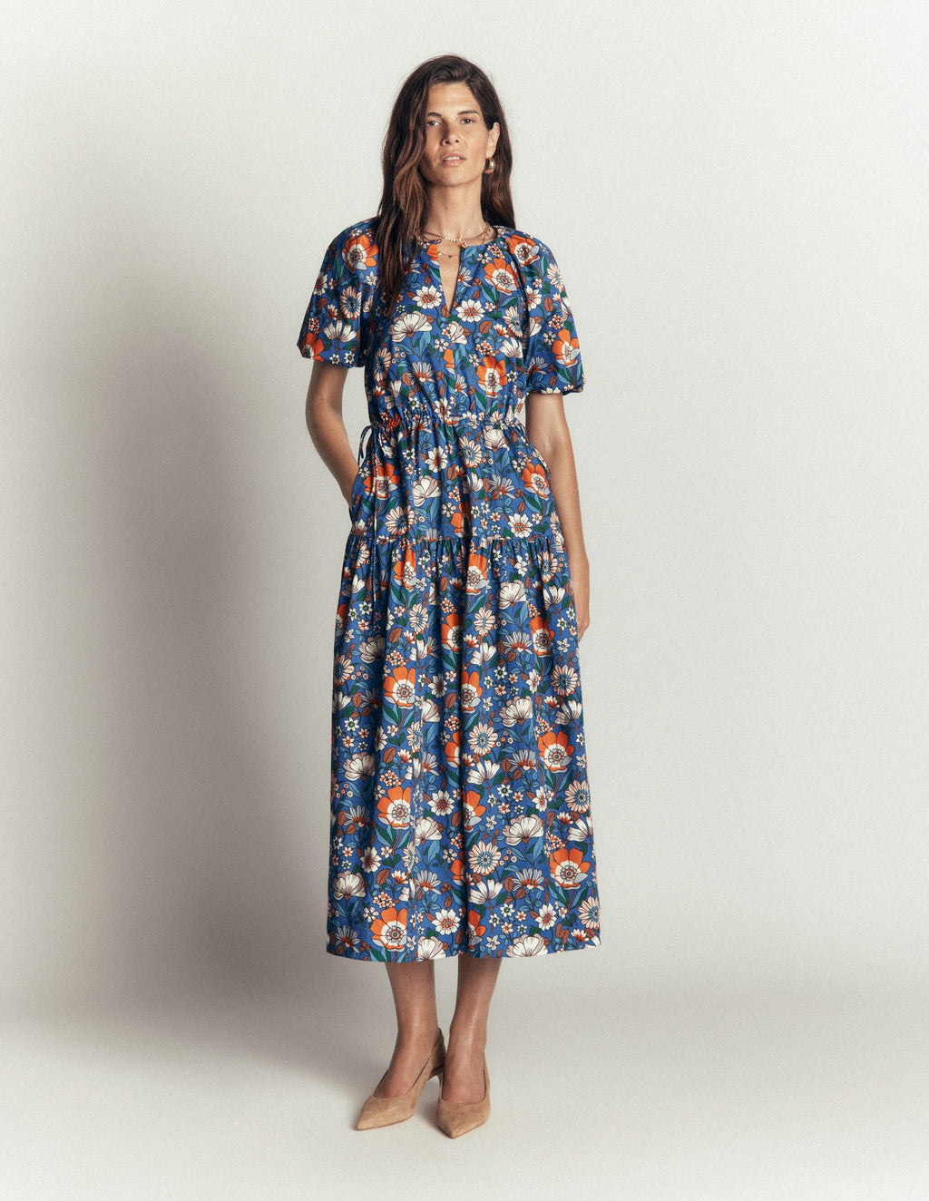 Draw Waist Fashion Dress-Multi, Floral Field