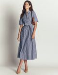 Sarah Cotton Midi Shirt Dress-Navy Ivory Fine Stripe