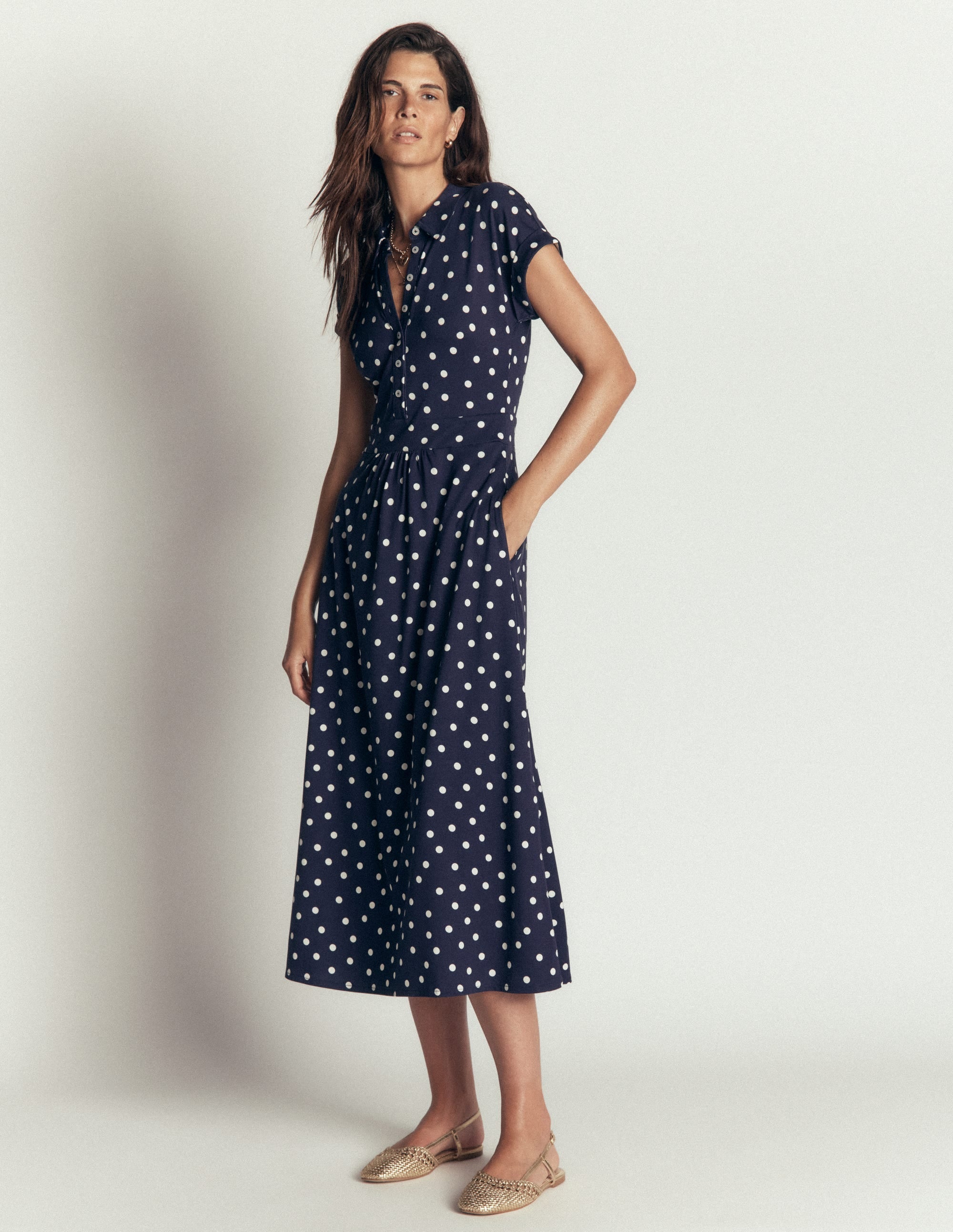 Fae Jersey Shirt Dress-Navy, Painted Dot Spaced