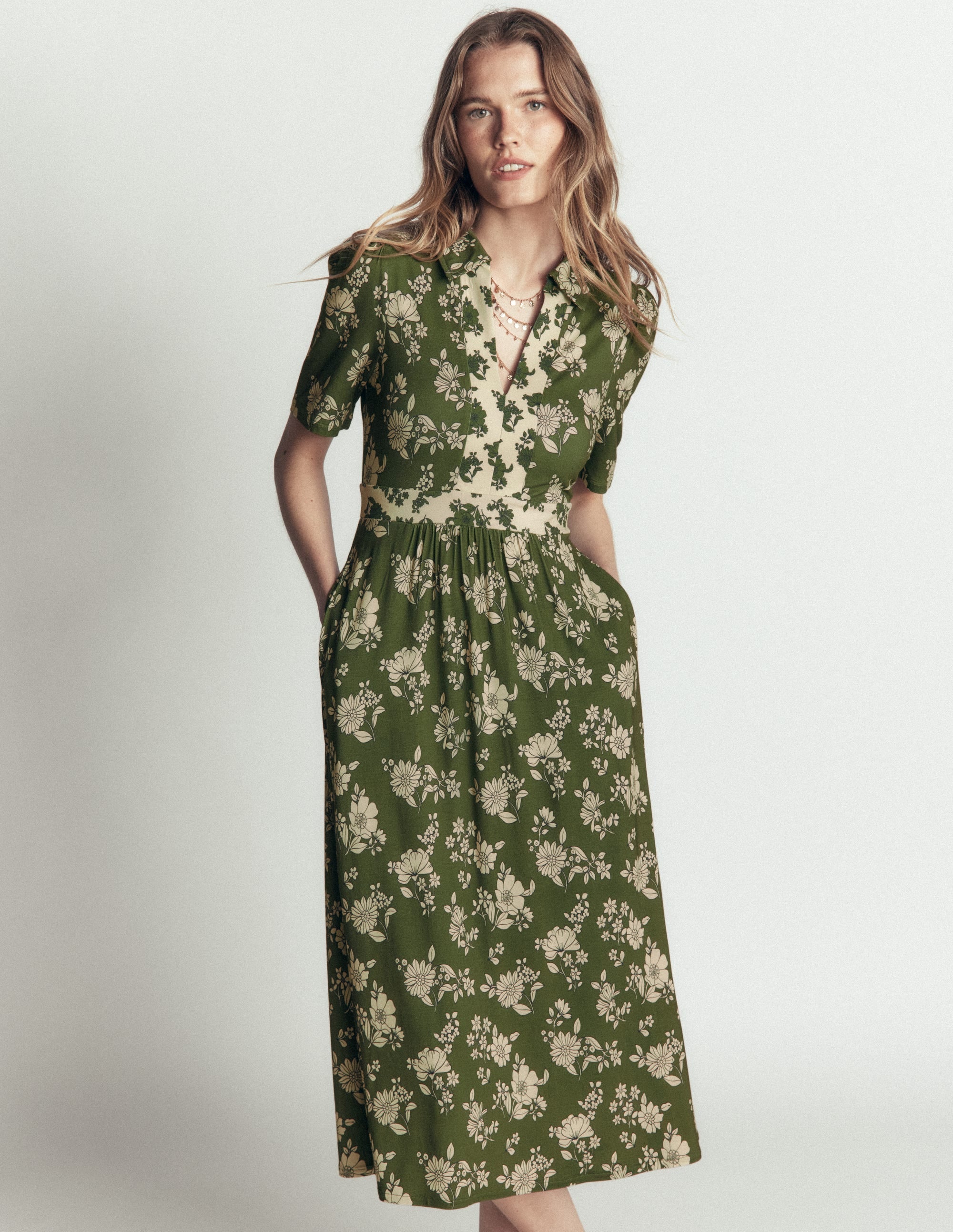 Heidi Jersey Midi Tea Dress-Chive, Floral Field Spaced