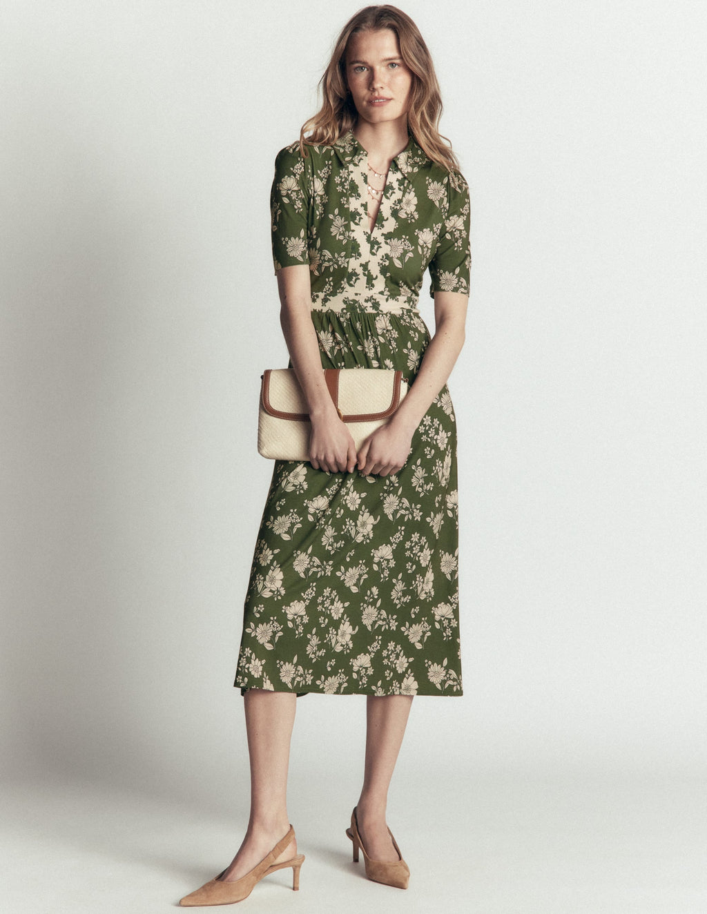 Heidi Jersey Midi Tea Dress-Chive, Floral Field Spaced