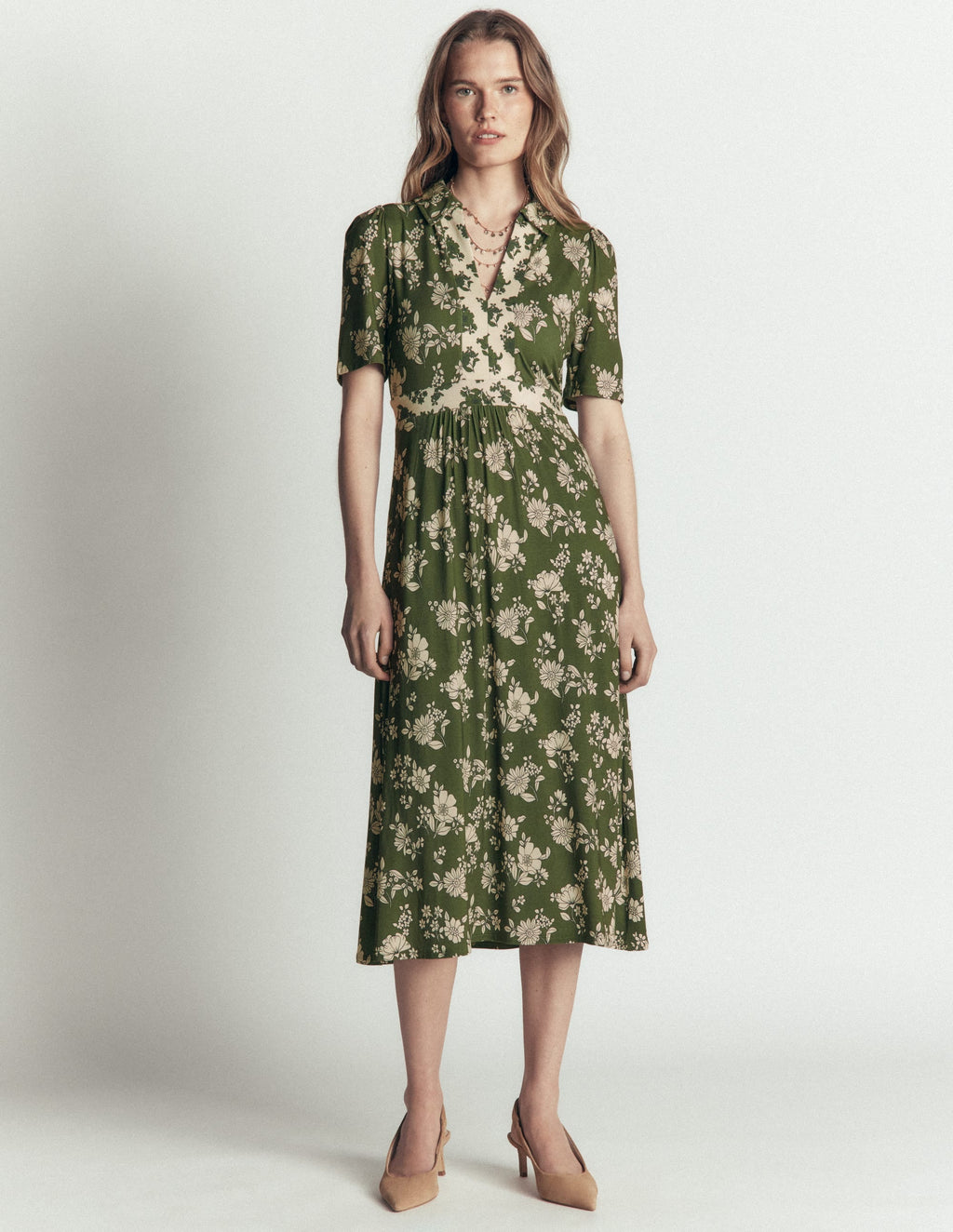 Heidi Jersey Midi Tea Dress-Chive, Floral Field Spaced