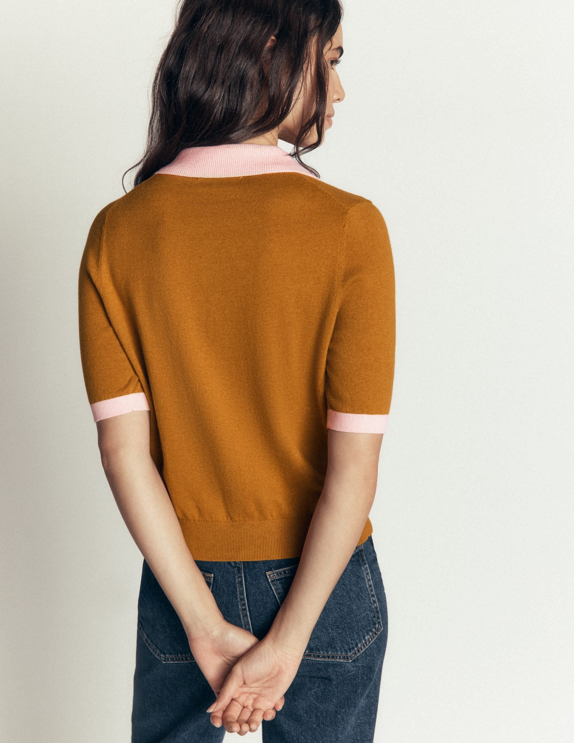Collared Knitted T-shirt-Toffee Brown