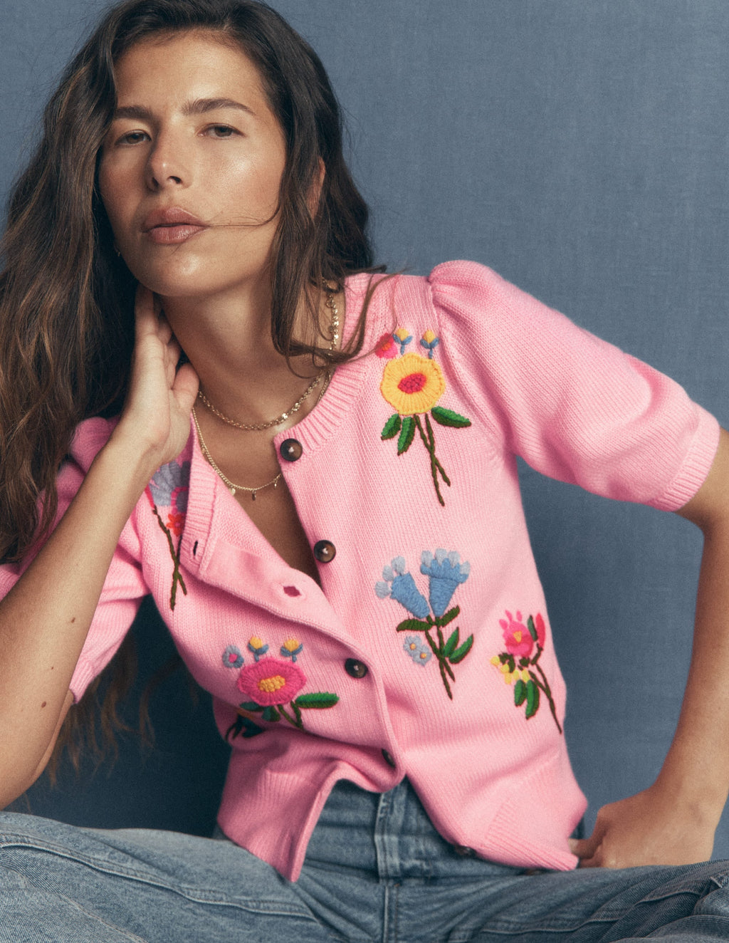 Puff Sleeve Cotton Cardigan-Orchid Pink, Embroidered