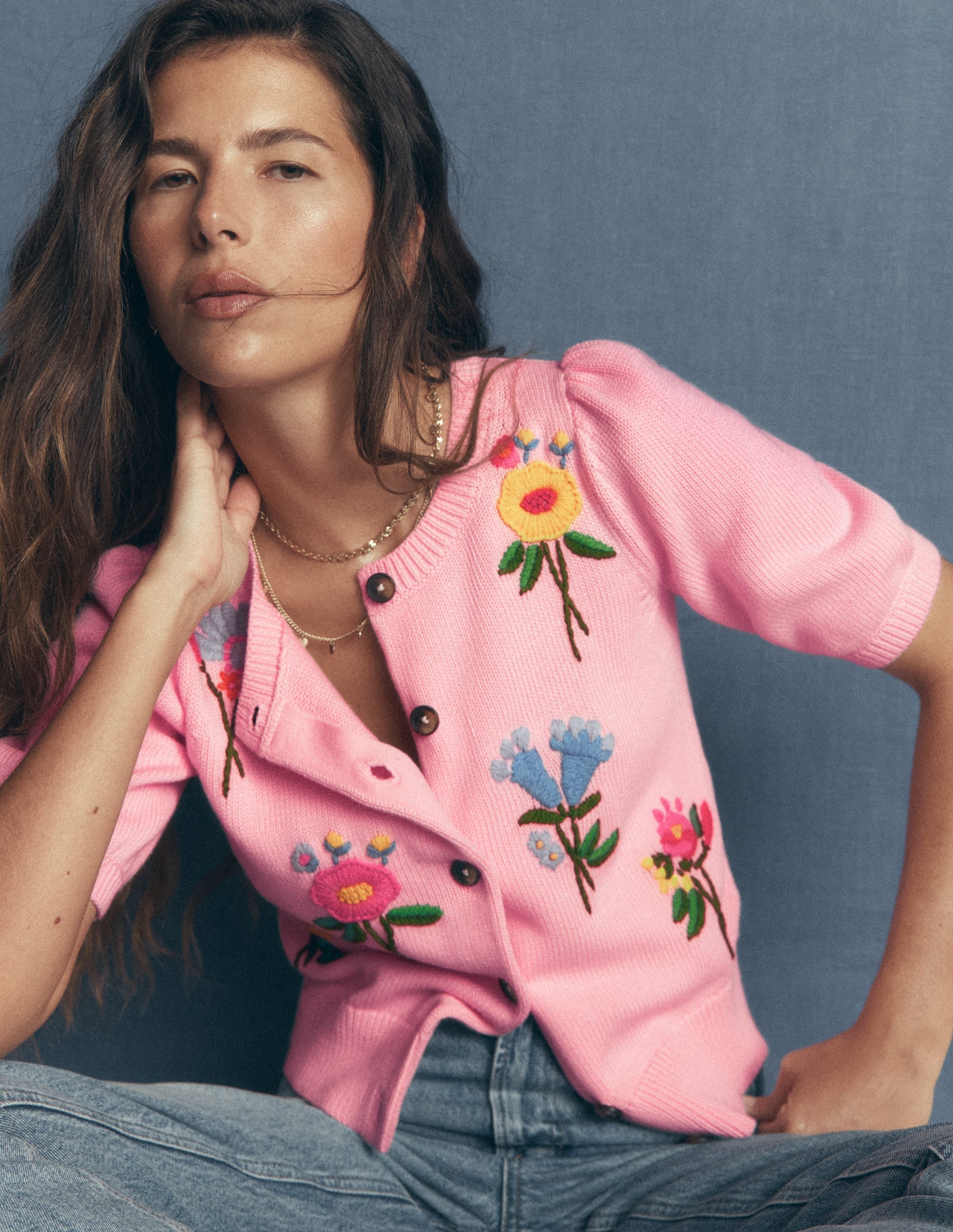 Puff Sleeve Cotton Cardigan-Orchid Pink, Embroidered