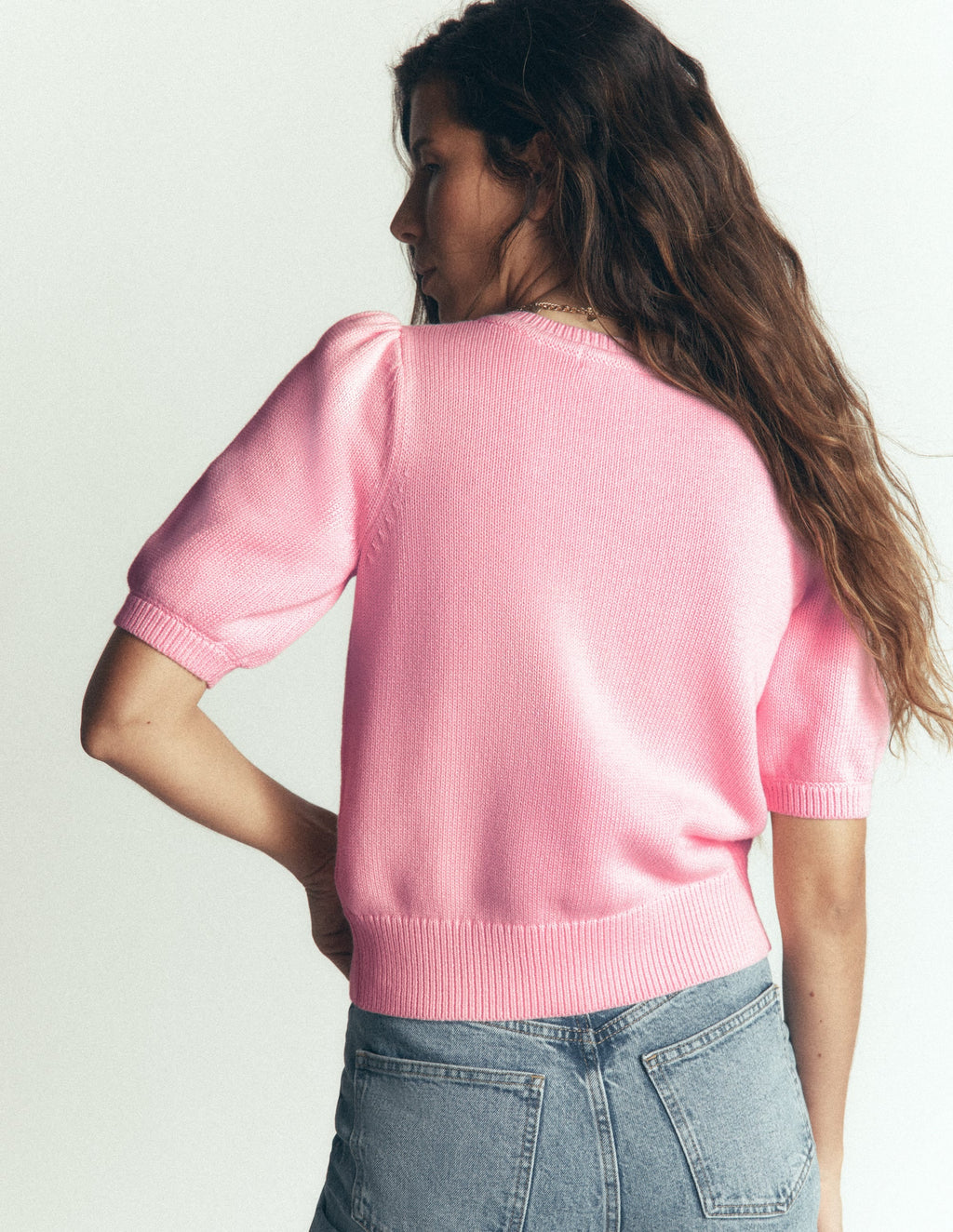 Puff Sleeve Cotton Cardigan-Orchid Pink, Embroidered