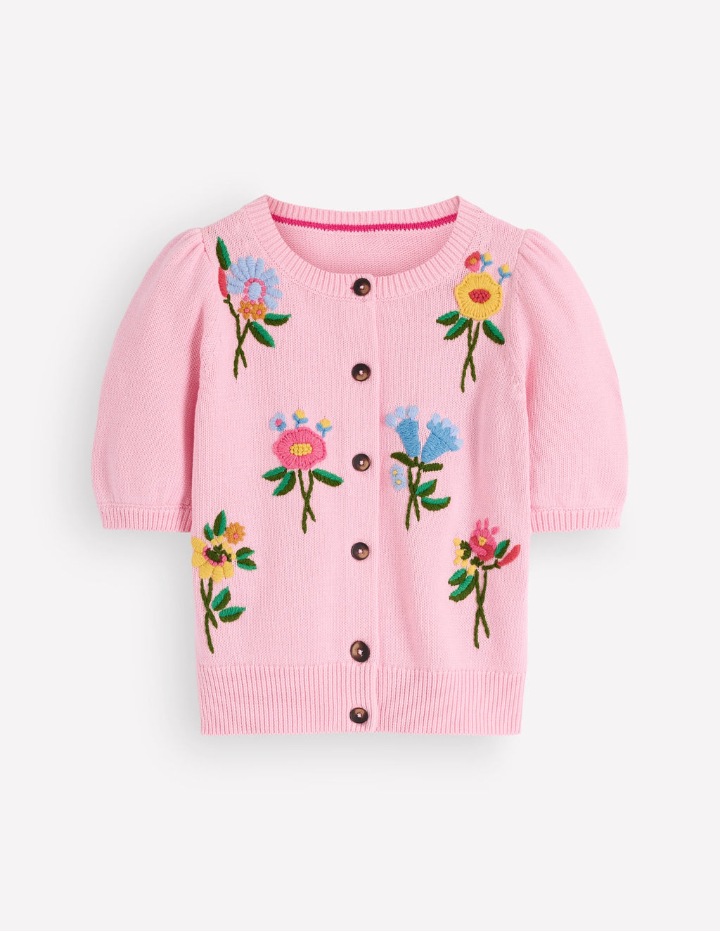 Puff Sleeve Cotton Cardigan-Orchid Pink, Embroidered