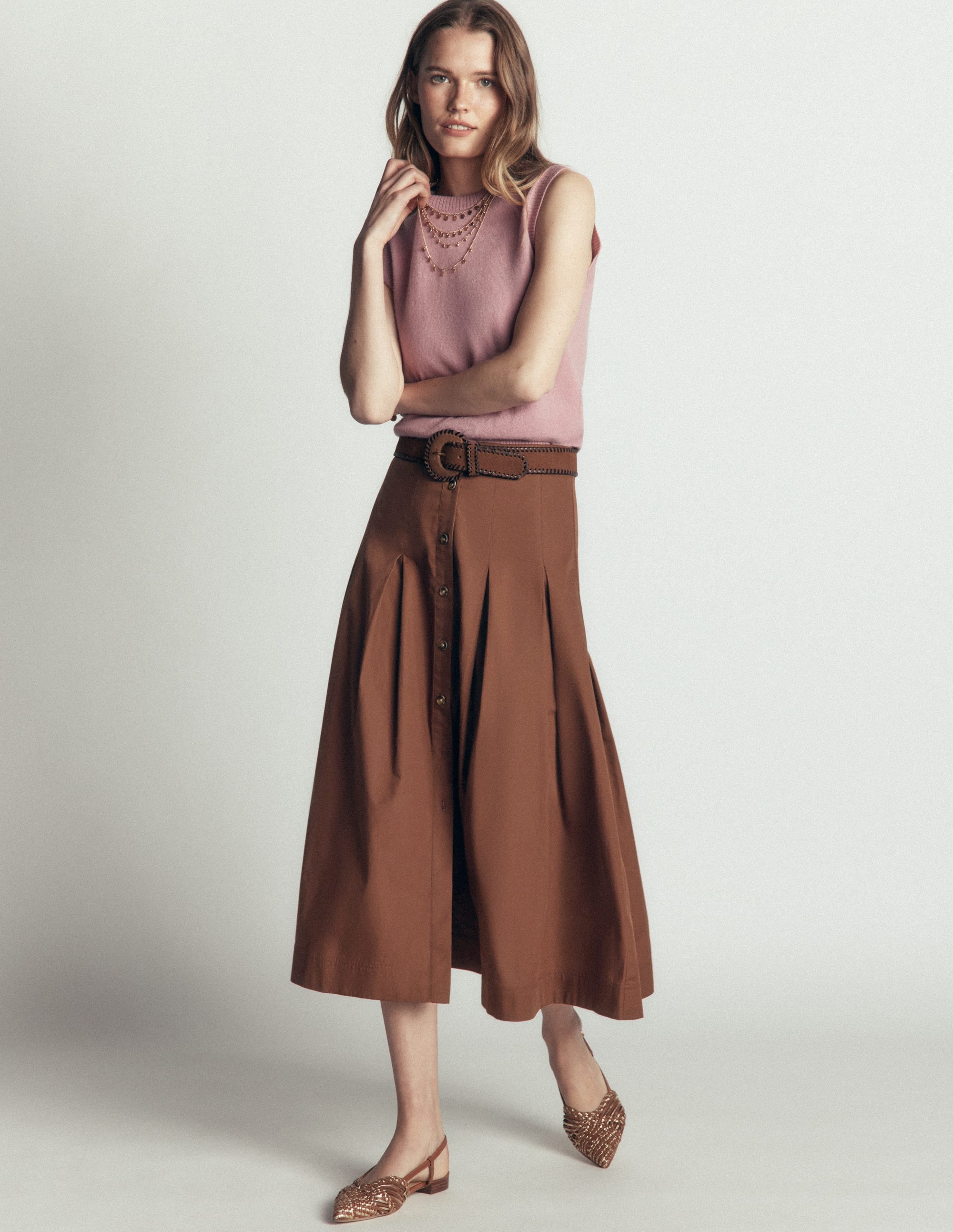 High Waist Pleated Skirt-Raw Umber