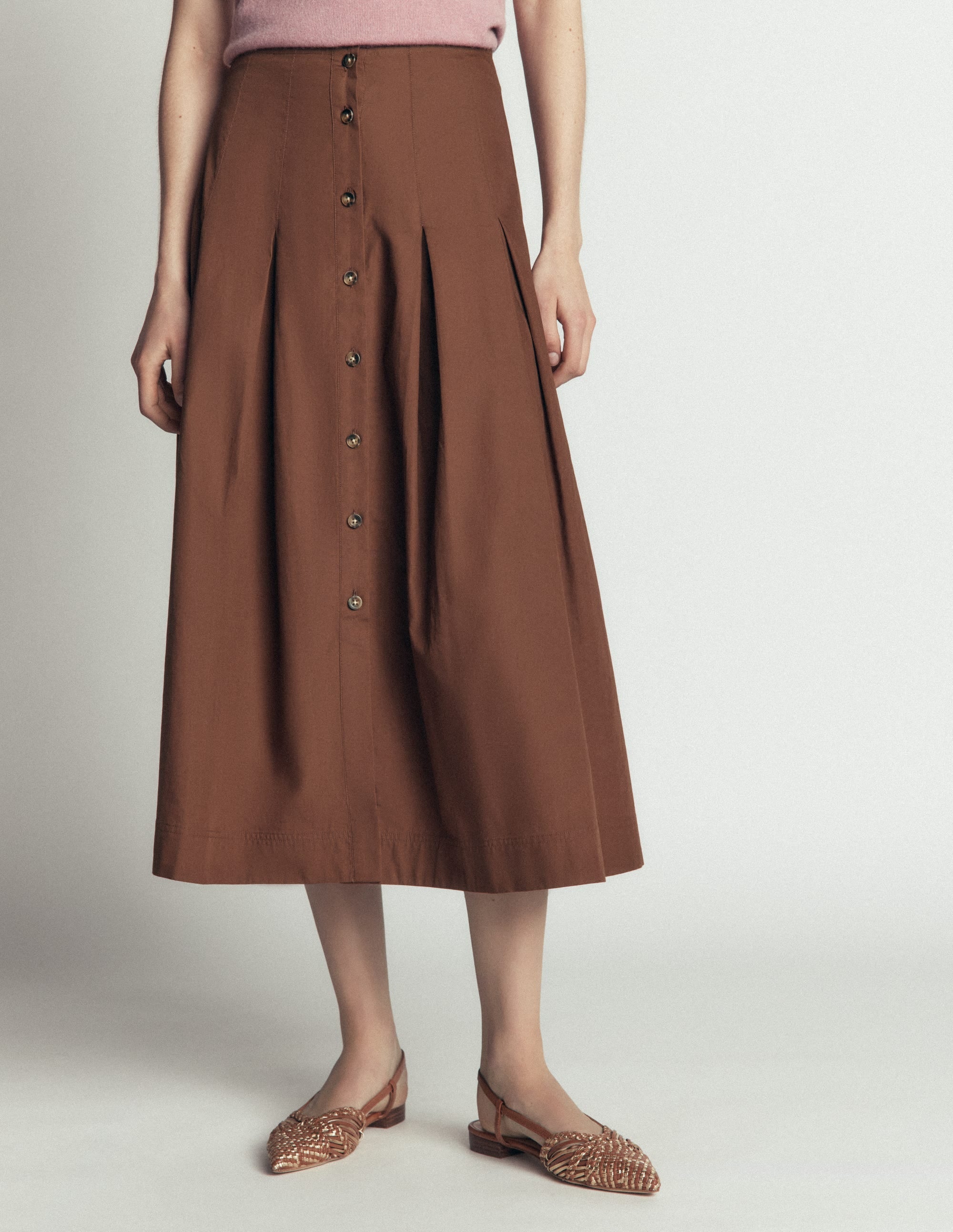 High Waist Pleated Skirt-Raw Umber