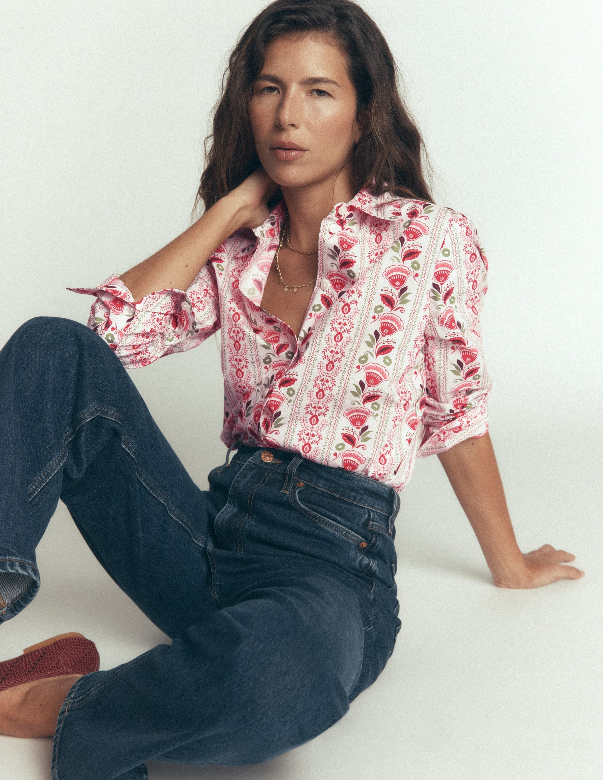 NEW Sienna Cotton Shirt-Ivory, Petal Trail