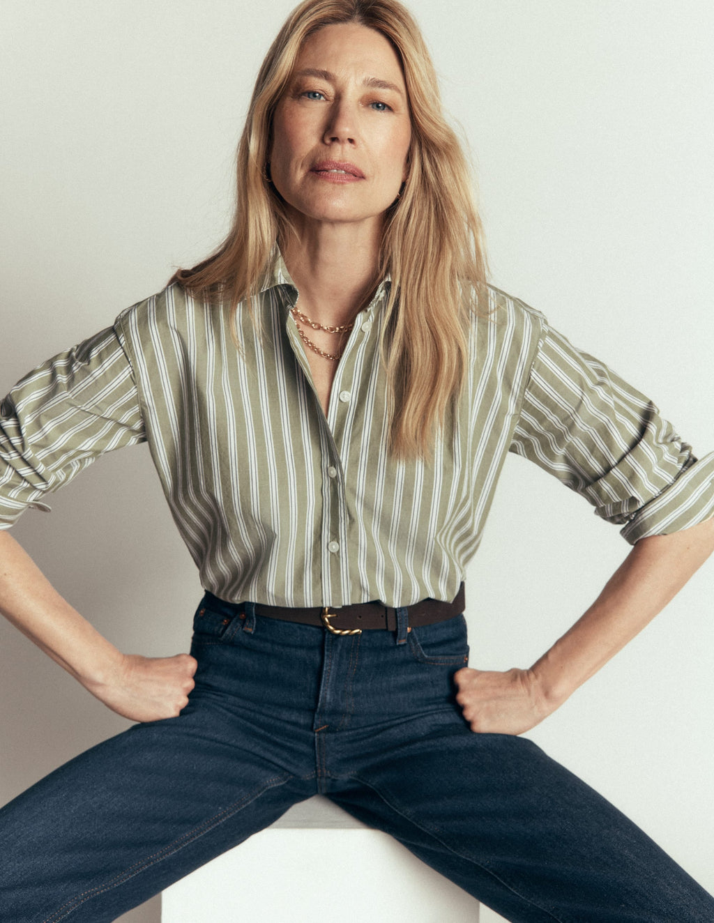 Sienna Cropped Cotton Shirt-Green, White Stripe