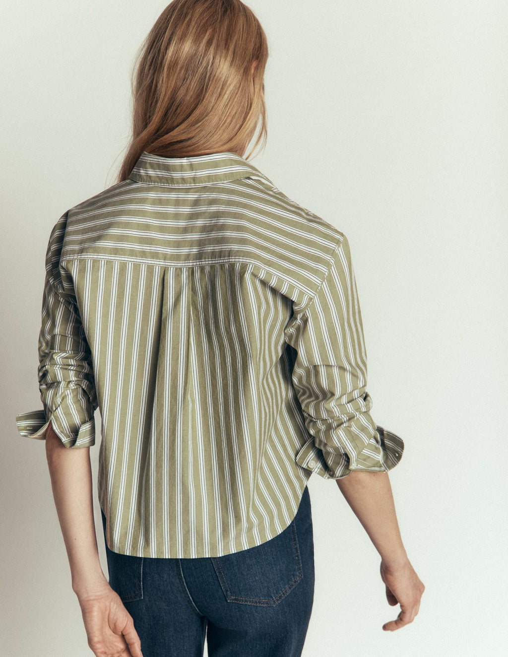 Sienna Cropped Cotton Shirt-Green, White Stripe