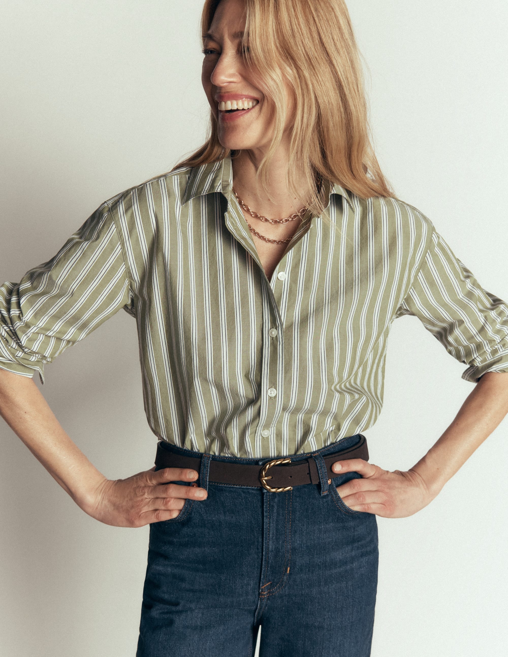 Sienna Cropped Cotton Shirt-Green, White Stripe