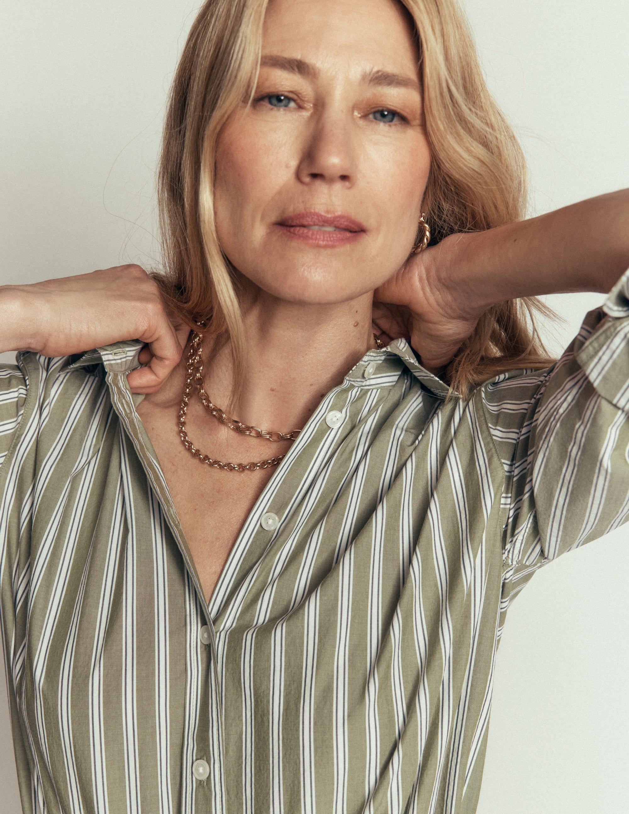 Sienna Cropped Cotton Shirt-Green, White Stripe