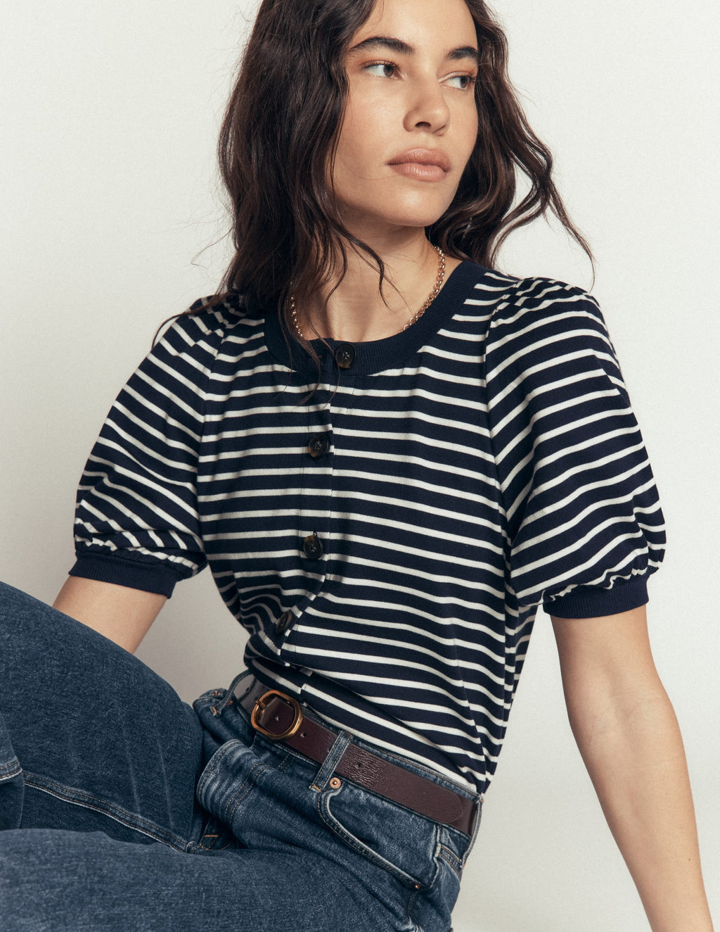 Button-through Full Sleeve Top-Navy and Ivory Stripe