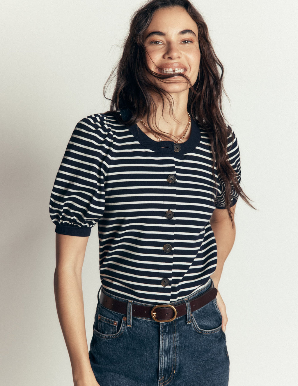 Button-through Full Sleeve Top-Navy and Ivory Stripe