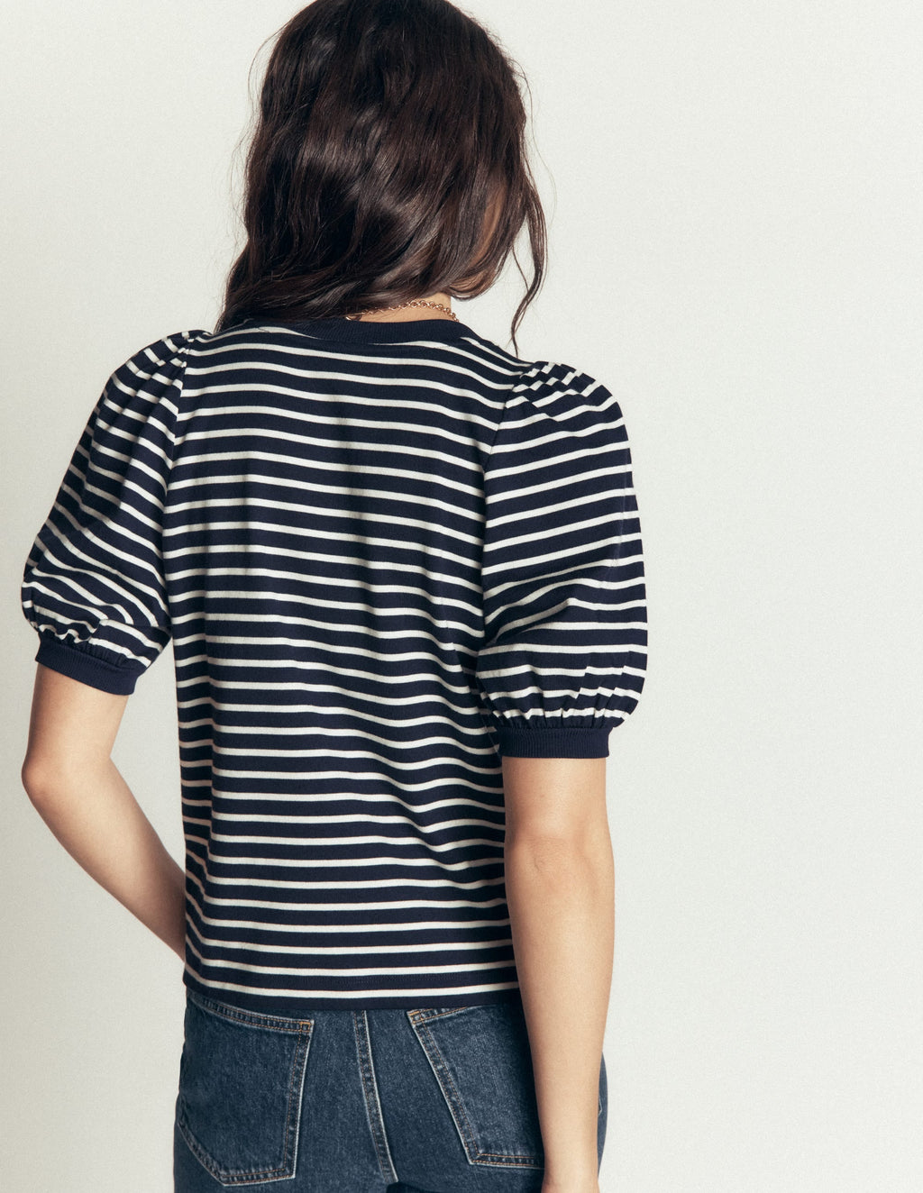 Button-through Full Sleeve Top-Navy and Ivory Stripe