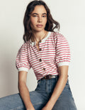 Button-through Full Sleeve Top-Ivory and Hollyberry Stripe