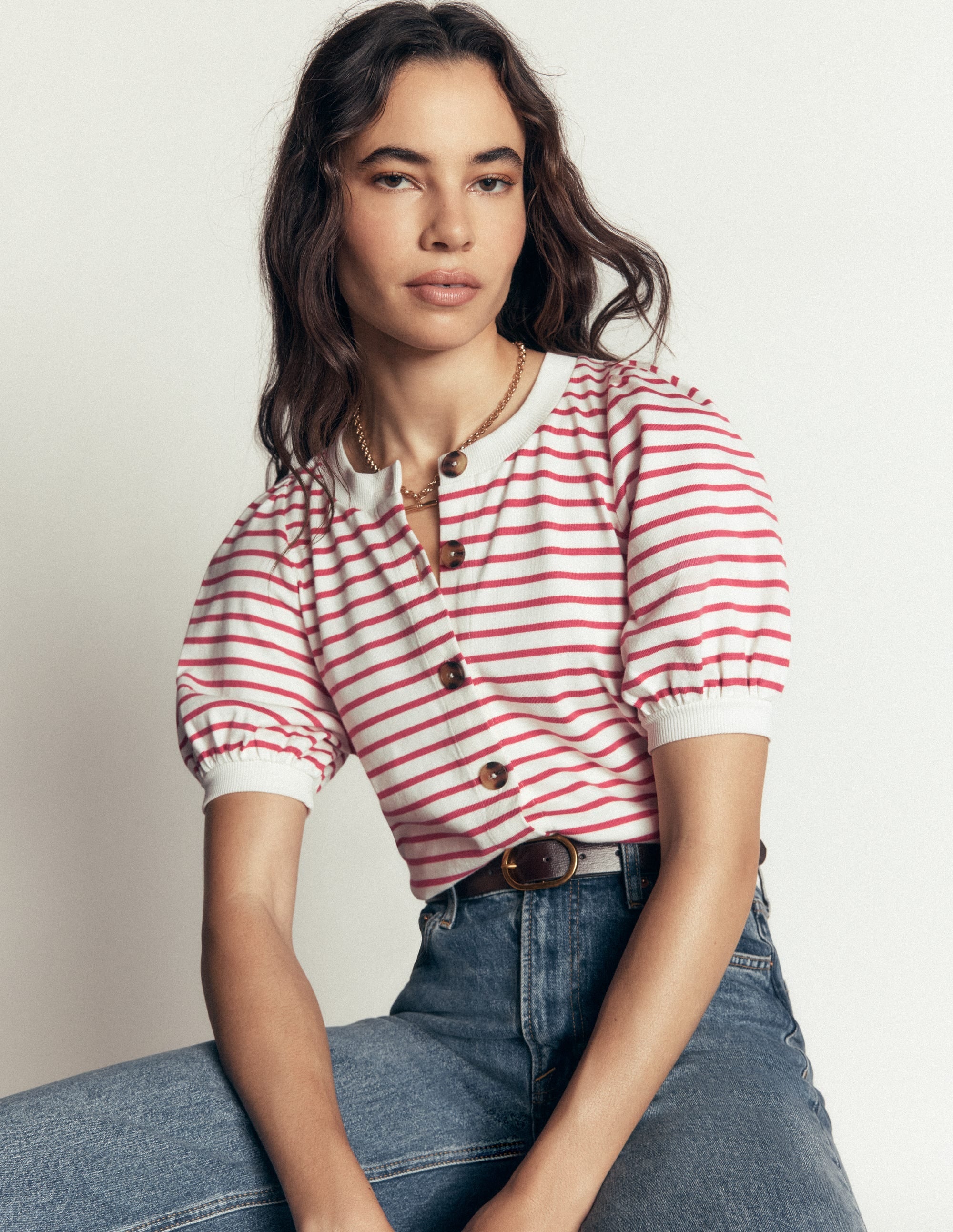 Button-through Full Sleeve Top-Ivory and Hollyberry Stripe