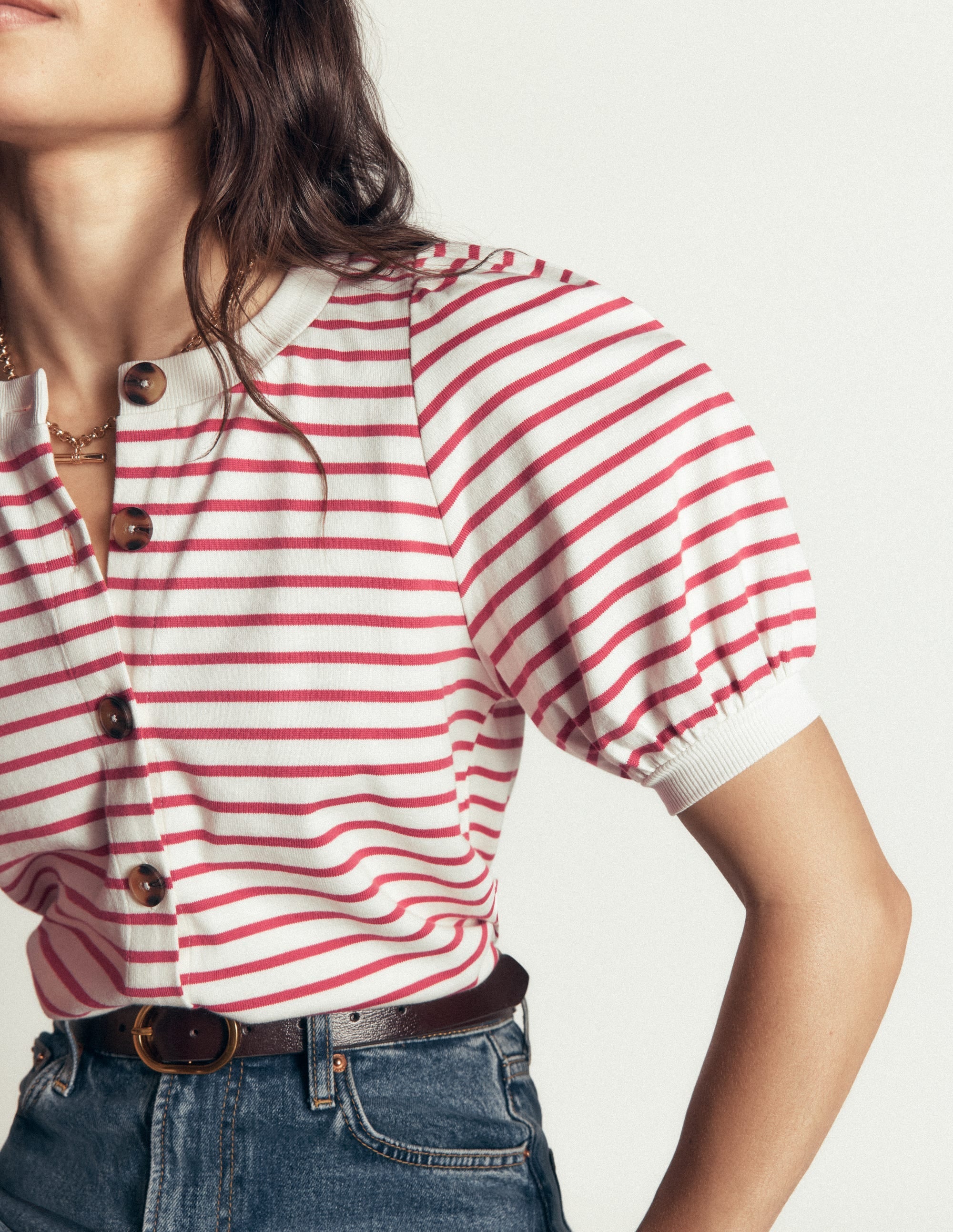 Button-through Full Sleeve Top-Ivory and Hollyberry Stripe