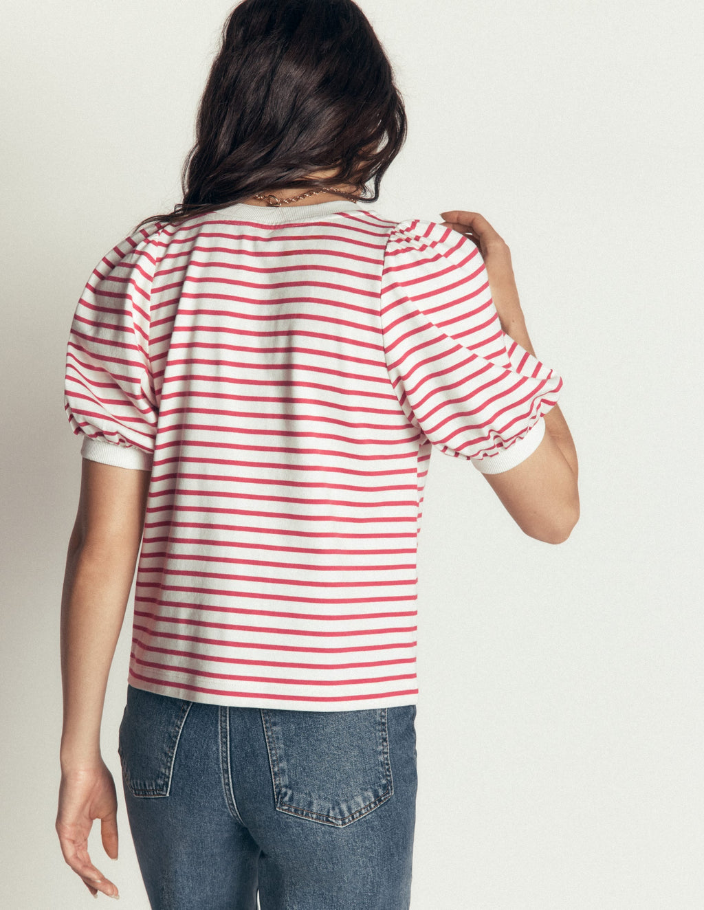 Button-through Full Sleeve Top-Ivory and Hollyberry Stripe