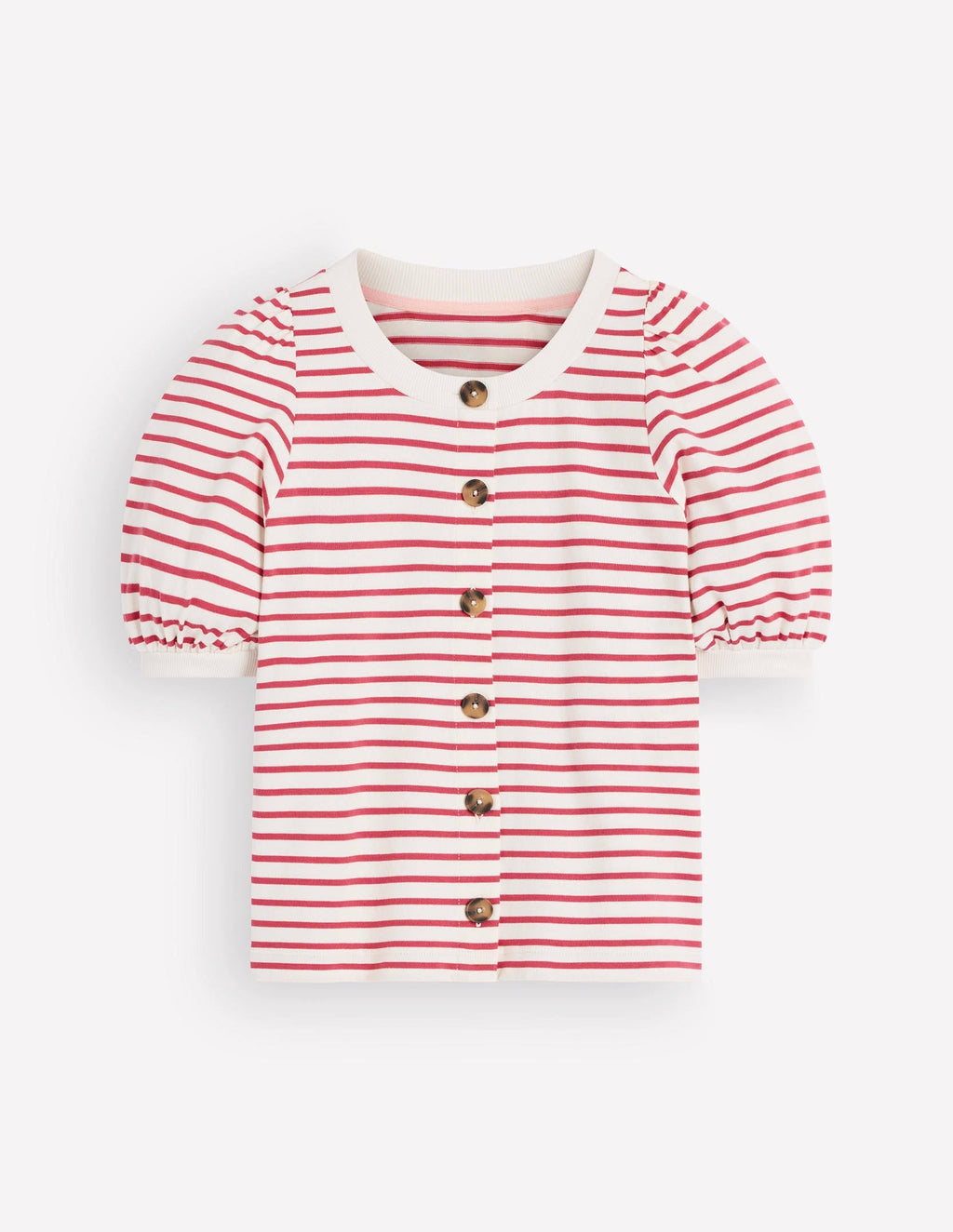Button-through Full Sleeve Top-Ivory and Hollyberry Stripe
