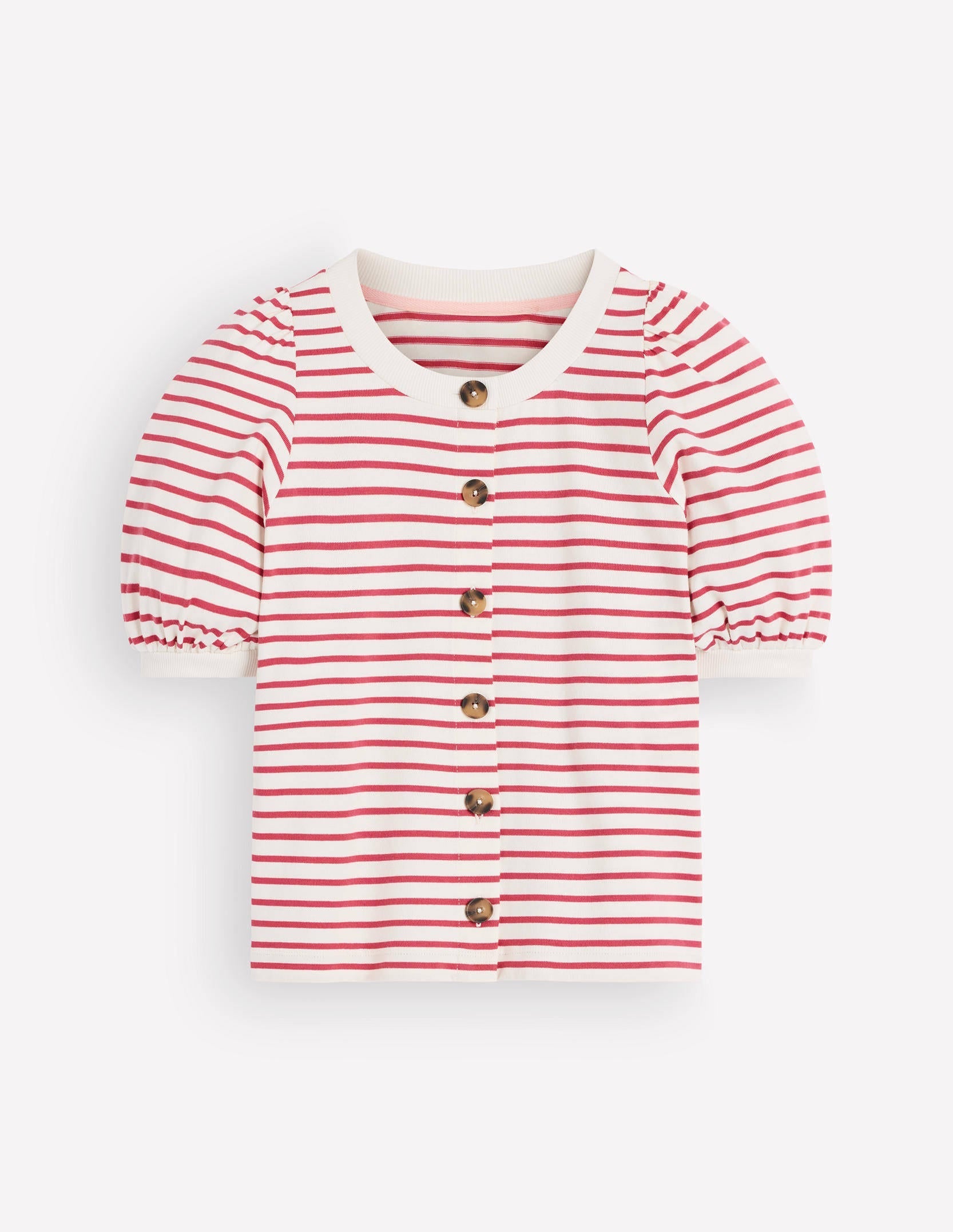 Button-through Full Sleeve Top-Ivory and Hollyberry Stripe